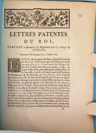 Lettres patentes du Roi, portant confirmation & réglement pour le College de la Ville d'Eu : données à Compiegne le 21 Juillet 1764