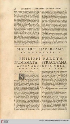 Sigeberti Havercampi commentarius in Philippi Parutae numismata Syracusana