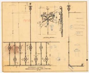 Friedhof Heerstraße, Berlin Feierhalle: Details 1:10: Brüstungsgitter der Empore und Anker der Außenfassade in Vorderansicht und Seitenansicht