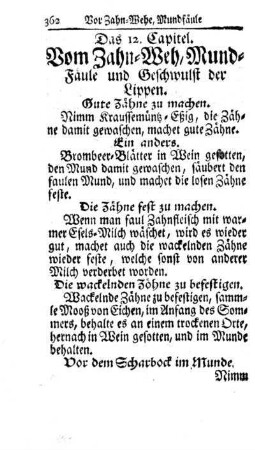 Das 12. Capitel. Vom Zahn-Weh, Mund-Fäule und Geschwulst der Lippen.