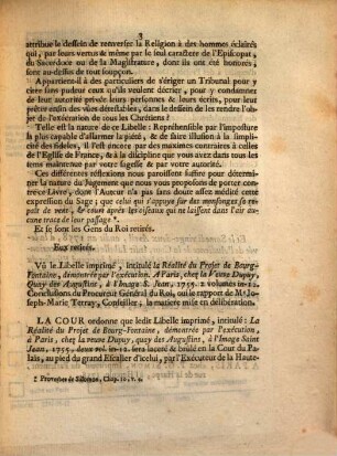 Arrest De La Cour De Parlement, Qui condamne un Libelle intitulé, la Réalité du Projet de Bourg-fontaine, démontrée par l'exécution. A Paris, chez la veuve Dupuy, Quay des Augustins, à l'Image S. Jean, 1755. 2 Volumes in-12. : Extrait Des Registres Du Parlement. Du 21 Mars 1758.