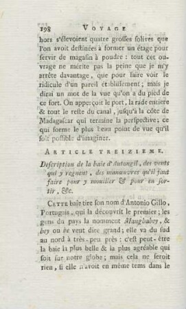 Article treizieme. Description de la baie d'Antongil, des vents qui y regnent ...