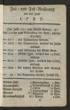 Zeit- und Fest-Rechnung für das Jahr 1787