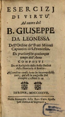 Esercizi di Virtù al onore del B. Giuseppe da Leonessa
