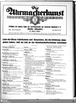 Liste der Uhren-Fabrikanten und -Grossisten, die die Erklärung abgegeben haben, daß sie sich an der Gemeinschaftsreklame beteiligen