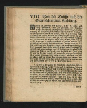 VIII. Von der Tauffe und der Sechswöchnerinnen Einleitung.