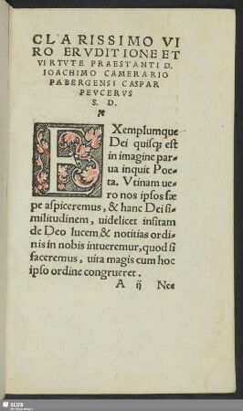 Clarissimo Viro Eruditione Et Virtute Praestanti D. Ioachimo Camerario Pabergensi Caspar Peucerus
