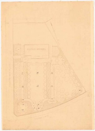 Garten Schmidt-Branden, Berlin-Dahlem: Garten ohne nördlichen Gartenabschnitt im Grundriss 1:200, Maßstabsleiste, Höhenangaben