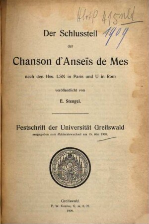 Der Schlussteil der Chanson d'Anseïs de Mes nach den Hss. L S N in Paris und U in Rom