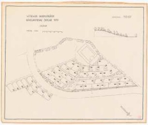 Kleingartenkolonie für den Wettbewerb der Reichsgartenschau, Stuttgart: Lageplan 1:500, Schnitt