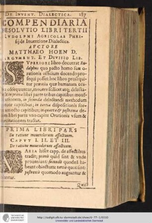 COMPENDIARIA RESOLVTIO LIBRI TERTII RVDOLPHI AGRICOLAE Phrisij de Inuentione Dialectica.
