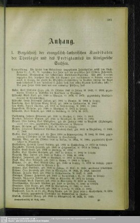 I. Verzeichniß der evangelisch-lutherischen Kandidaten der Theologie und des Predigtamtes im Königreiche Sachsen