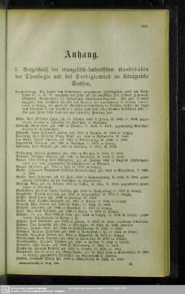 I. Verzeichniß der evangelisch-lutherischen Kandidaten der Theologie und des Predigtamtes im Königreiche Sachsen