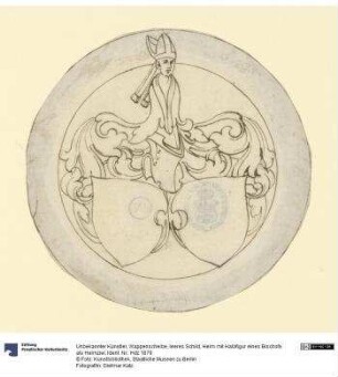 Wappenscheibe, leeres Schild, Helm mit Halbfigur eines Bischofs als Helmzier