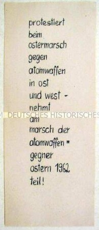 Aufruf zur Teilnahme am Ostermarsch 1962 gegen Atomwaffen in Ost und West
