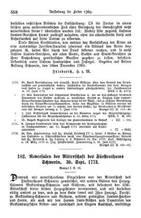 182. Reversalen der Ritterschaft des Fürstenthums Schwerin. 30. Sept. 1773.