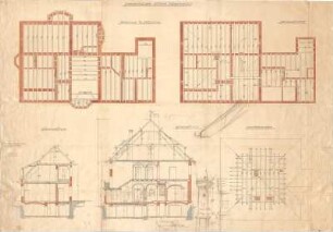 Fischer, Theodor; München - Pasing; II. Villen-Colonie: Wohnhausneubau Arthur Riemerschmid - Balkenlage, Dachbalken u. Kehlbalkenanlage (Grundrisse, Ansicht); Querschnitte; Säule (Perspektive)