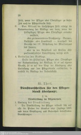 III. Theil. Dienstvorschriften für den Pflegerdienst überhaupt