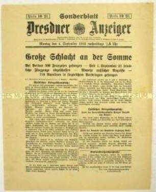 Nachrichtenblatt des "Dresdner Anzeiger" u.a. zur Schlacht an der Somme