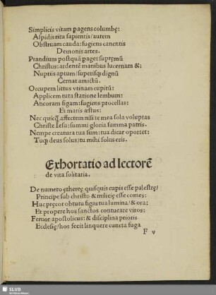 Exhortatio ad lectorem de vita solitaria.