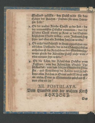 XII. Postulata. Vom Glauben und der wahren Kirch Christi.