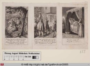 Links: Heinrich VIII. überrascht die Vicomtesse Rochefort und Lady Boleyn; mitte: Heinrich VIII. reiset der Prinzessin von Cleve entgegen; rechts: Heinrich des VIII. Tod