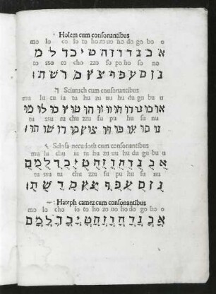 Holem cum consonantibus. Textseite aus: Euchirdion poetarum clarissimorum von Nikolaus Marschalk. Buchdruck, 20,5 x 14,8 cm, 1502. Sächsische Landesbibliothek - Staats- und Universitätsbibliothek Dresden (SLUB) Lit.Rom.A.300 (im Original Blattfolge rückwärts laufend)