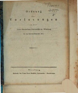 Ordnung der Vorlesungen an der Königlichen Universität Würzburg. 1805, 1805. SS.
