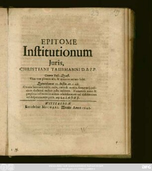 Epitome Institutionum Iuris, Christiani Taubmanni D. & P.P.