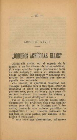 Artículo XXVIII. ?Obreros agrícolas ellos?