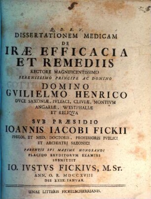 Dissertationem Medicam De Iræ Efficacia Et Remediis