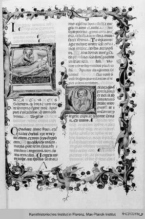 Breviarium Fratrum Minorum cum psalterio et kalendario : Textseite mit vegetabilem Ornamentrahmen und historisierten Initialen A (?) und E: Pantokrator