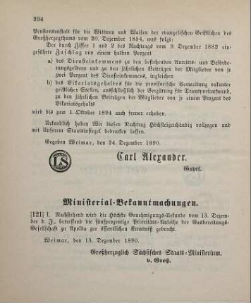 121. Ministerial-Bekanntmachung, die Genehmigung zur Ausgabe einer fünfprozentigen Prioritäts-Anleihe der Gasbereitungs-Gesellschaft zu Apolda betreffend