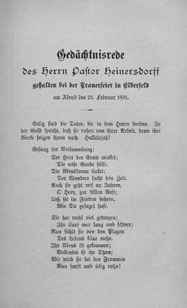 Gedächtnisrede des Herrn Pastor Heinersdorff gehalten bei der Trauerfeier in Elberfeld am Abend des 23. Februars 1891.