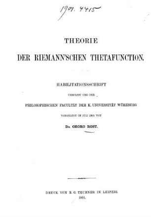 Theorie der Riemann'schen Thetafunction