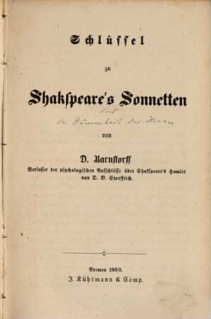 Schlüssel zu Shakspeare's Sonnetten