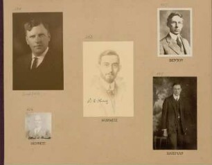 Bl. 36: Fotografien der Mathematiker und Physiker Wilhelmus David Allen Westfall, Wallie Abraham Hurwitz, John Robert Benton, Albert Arnold Bennett und Henry Bateman, 1920 - 1922