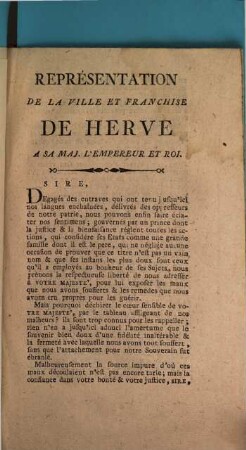 Représentation De La Ville Et Franchise De Herve A Sa Majesté L'Empereur Et Roi