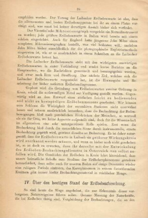 IV. Über den heutigen Stand der Erdbebenforschung