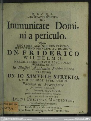 Dissertatio Iuridica De Immunitate Domini a periculo