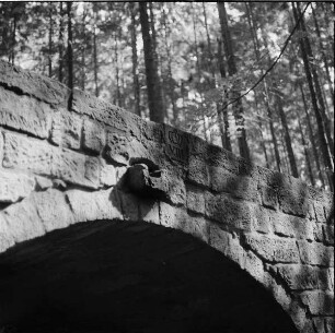 Hohe Brücke : Pirna-Graupa. Hohe Brücke, Sandstein-Bogenbrücke, Talseite. Wasserspeier und Schlußstein. 1701/1800. 4. Brücke im Zuge des Fahrweges Wünschendorf - Graupa
