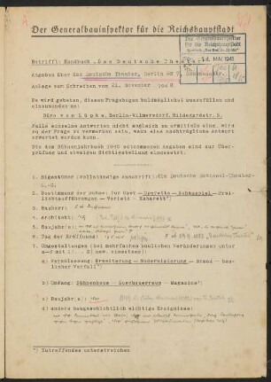 Deutsches Theater, Berlin: Fragebogen für das Handbuch »Das Deutsche Theater«, erste Fassung, vierseitiges Dokument