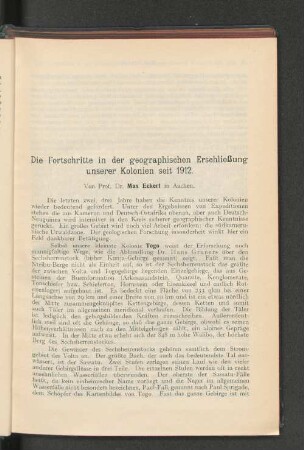 Die Fortschritte in der geographischen Erschließung unserer Kolonien seit 1912.