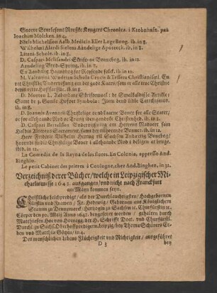 Verzeichniß derer Bücher/ welche in Leipzigischer Michaelismesse 1643. ausgangen/ und nicht nach Franckfurt am Mayn kommen seyn.