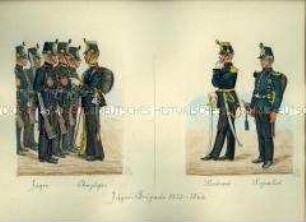 Uniformdarstellung, Jäger und Oberjäger, Leutnant und Signalist der Jäger-Brigade, Sachsen, 1853/1862.