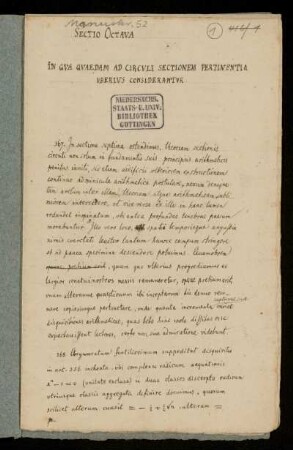Sectio Octava. In Qua Quaedam Ad Circuli Sectionem Pertinentia Uberius Considerantur. [367 - 371]