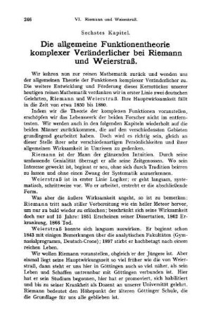 Die allgemeine Funktionentheorie komplexer Veränderlicher bei Riemann und Weierstraß.