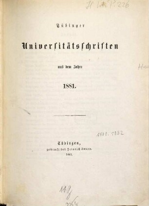 Tübinger Universitätsschriften. 1881