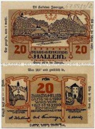 20 Heller, Notgeldschein der Stadt Hallein