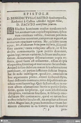 Epistolae D. Benedictus a Castro Ambrugensis, Roderici a Castro Medici Insignis Filius, D. Zachuto acutißimo salutem